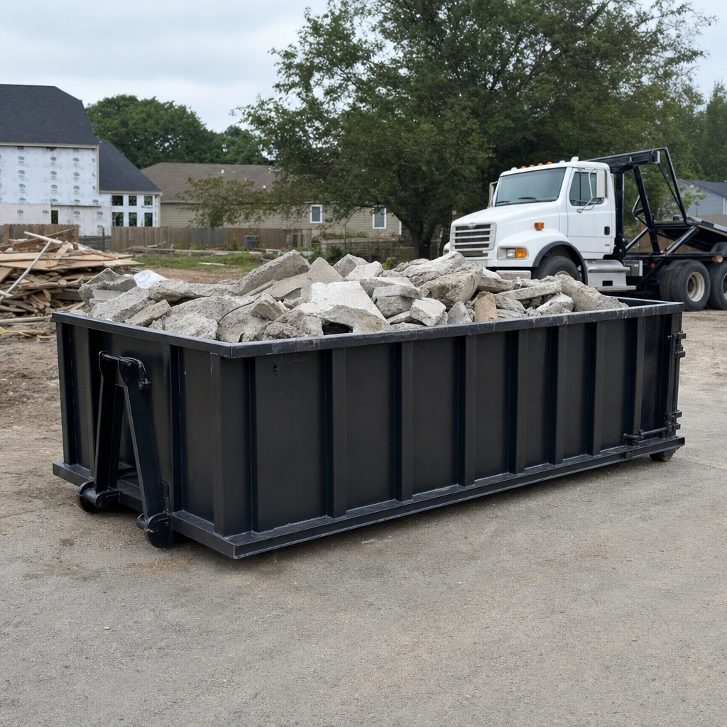Low-profile matte-black lowboy roll-off dumpster loaded with broken concrete slab and rebar at a foundation tear-out in Springfield, skid steer parked beside it, sunny Colorado morning