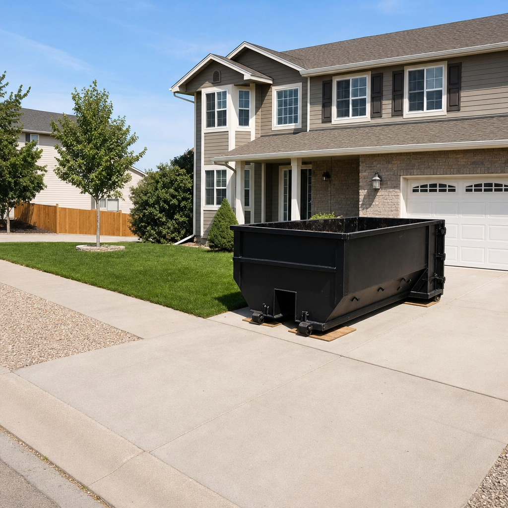 10-yard matte-black residential dumpster placed directly on a narrow Springfield concrete driveway, room remains for a parked sedan beside it, mid-morning natural light