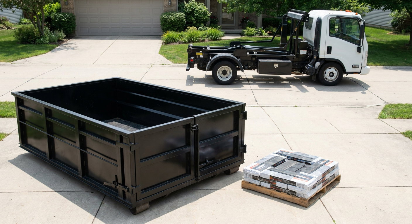 Matte-black 15-yard roofing roll-off dumpster with reinforced low side walls sitting directly on a Springfield residential concrete driveway, three-tab asphalt shingle bundles stacked nearby, an unmarked white hauler truck partially visible at the edge of the frame.