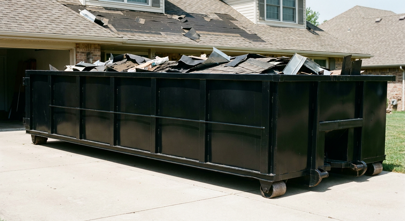 Matte-black 20-yard roofing roll-off dumpster with steel ribbed sides and swinging rear door, sitting directly on the concrete driveway of a two-story Springfield home, asphalt shingle debris being loaded over the low wall, clean documentary lighting.